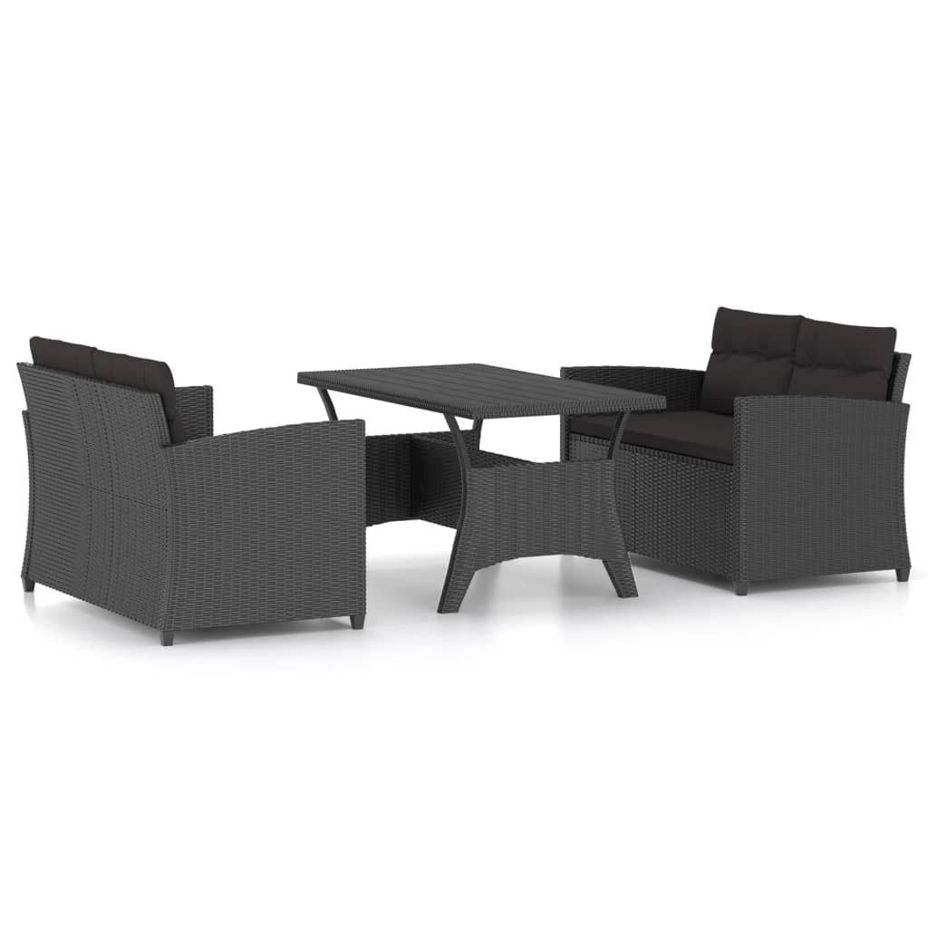 Set mobilier de gradina din 3 piese cu perne vidaXL, Poliratan, 124 x 68 x 77 cm, Negru