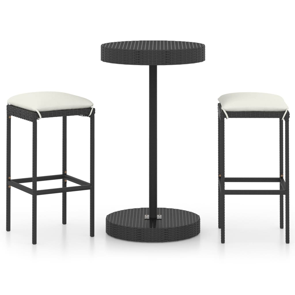 Set mobilier de bar de gradina 3 piese masa cu scaune, vidaXL, Ratan-Otel, Negru-perne alb