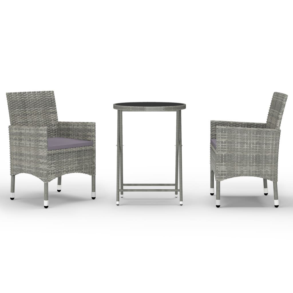Set mobilier de bistro din 3 piese cu perne si masa rotunda cu blat de sticla vidaXL, Poliratan, 60 x 75 cm, Gri