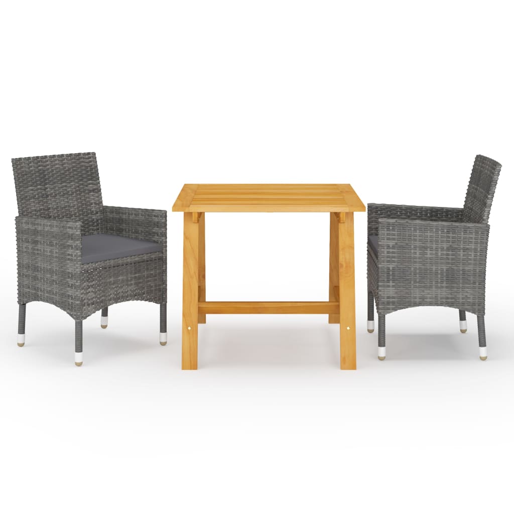 Set mobilier de gradina din 3 piese cu masa din lemn masiv si perne vidaXL, Poliratan, 88 x 88 x 74 cm, Gri/Maro