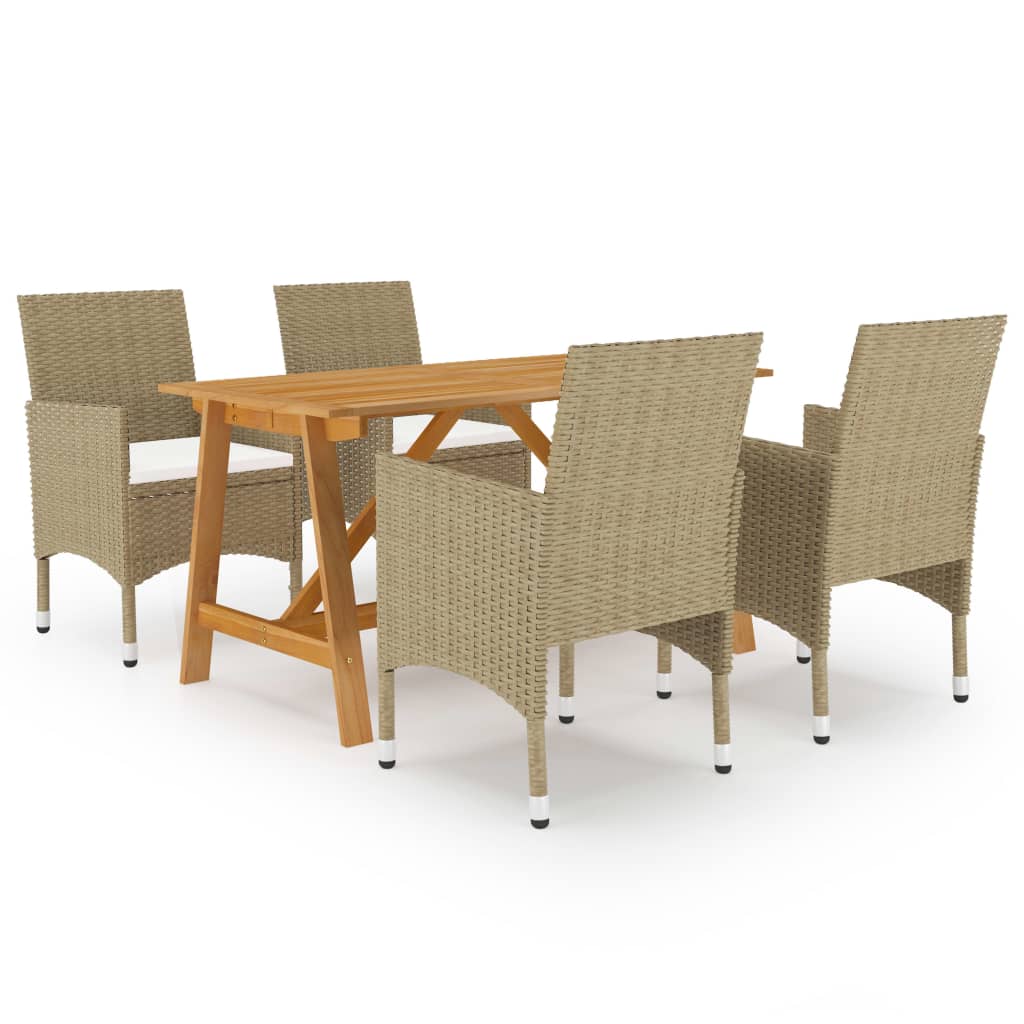 Set mobilier de gradina 5 piese masa cu scaune, vidaXL, Poliratan-Lemn, 140 x 70 x 73,5 cm, Maro/Bej