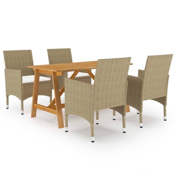 Set mobilier de gradina 5 piese masa cu scaune, vidaXL, Poliratan-Lemn, 140 x 70 x 73,5 cm, Maro/Bej Set mobilier de gradina 5 piese masa cu scaune, vidaXL, Poliratan-Lemn, 140 x 70 x 73,5 cm, Maro/Bej