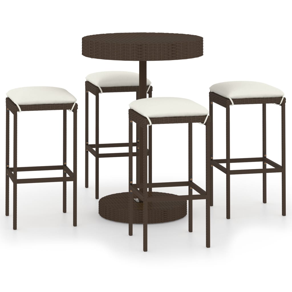 Set mobilier de bar de gradina 5 piese masa cu 4 scaune, vidaXL, Ratan-Otel, Negru-perne alb