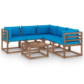 Set mobilier de gradina cu 2 canapele de mijloc, 3 canapele de colt cu perne si 1 masa vidaXL, Lemn, 60 x 60 x 36.5 cm, Maro/Albastru deschis