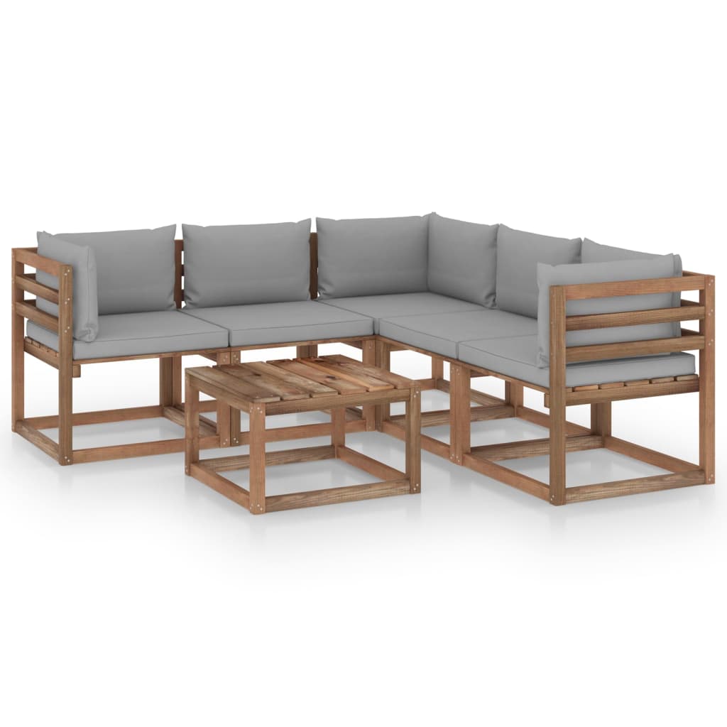 Set mobilier de gradina cu perne gri, 6 piese, lemn pin tratat