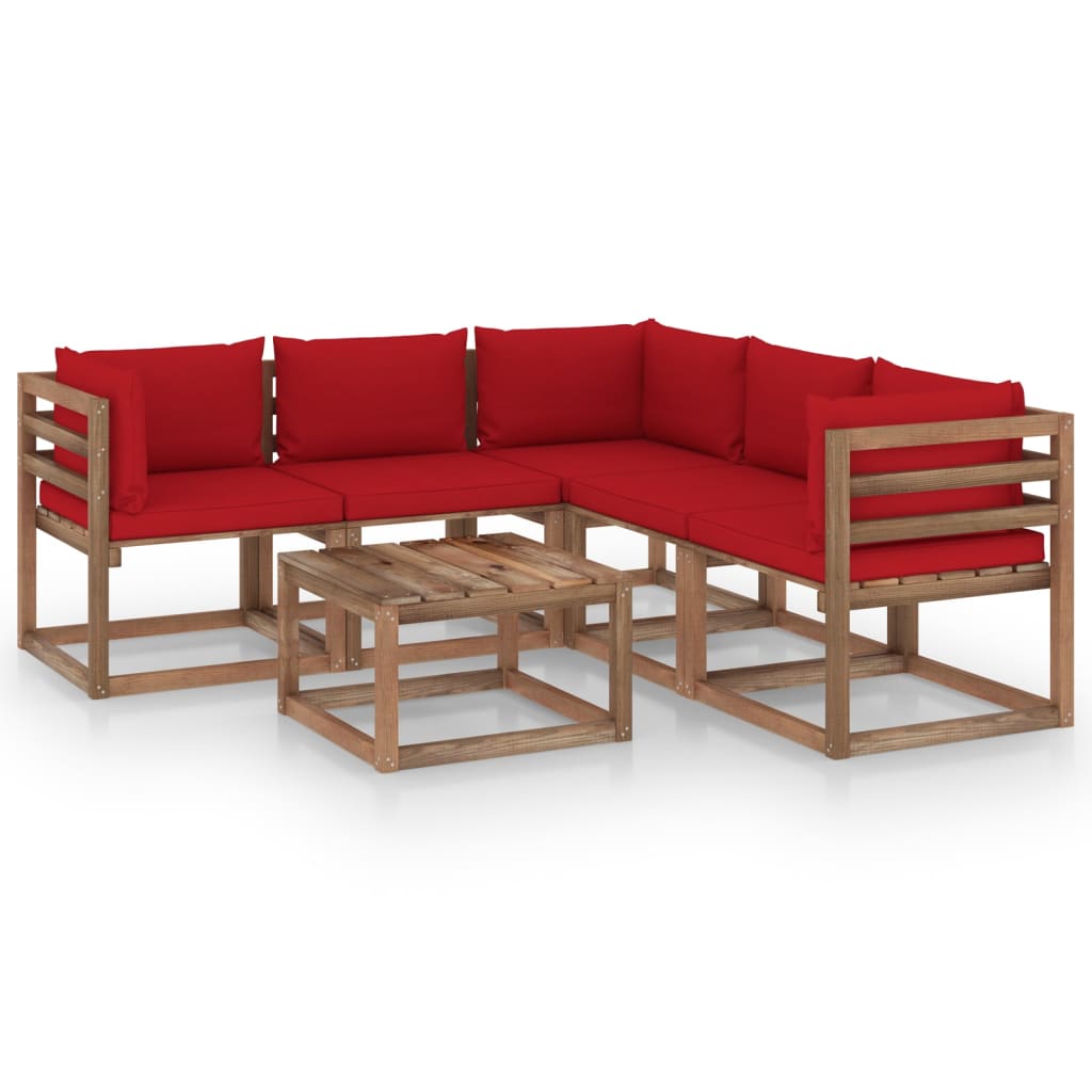 Set mobilier de gradina, perne rosii, 6 piese, lemn pin tratat