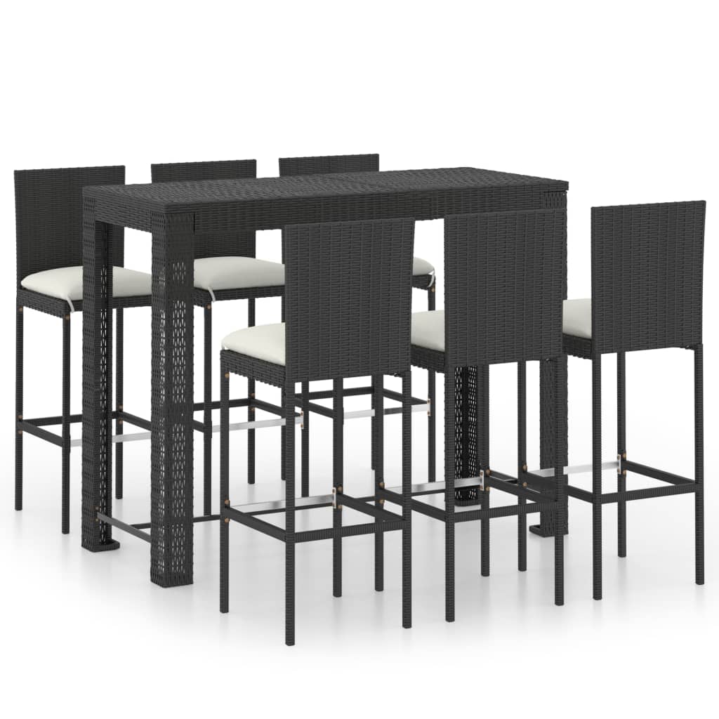 Set mobilier de bar de gradina 7 piese masa cu scaune fotoliu, vidaXL, Ratan-Otel, 140,5 x 60,5 x 110,5 cm, Negru-perne alb