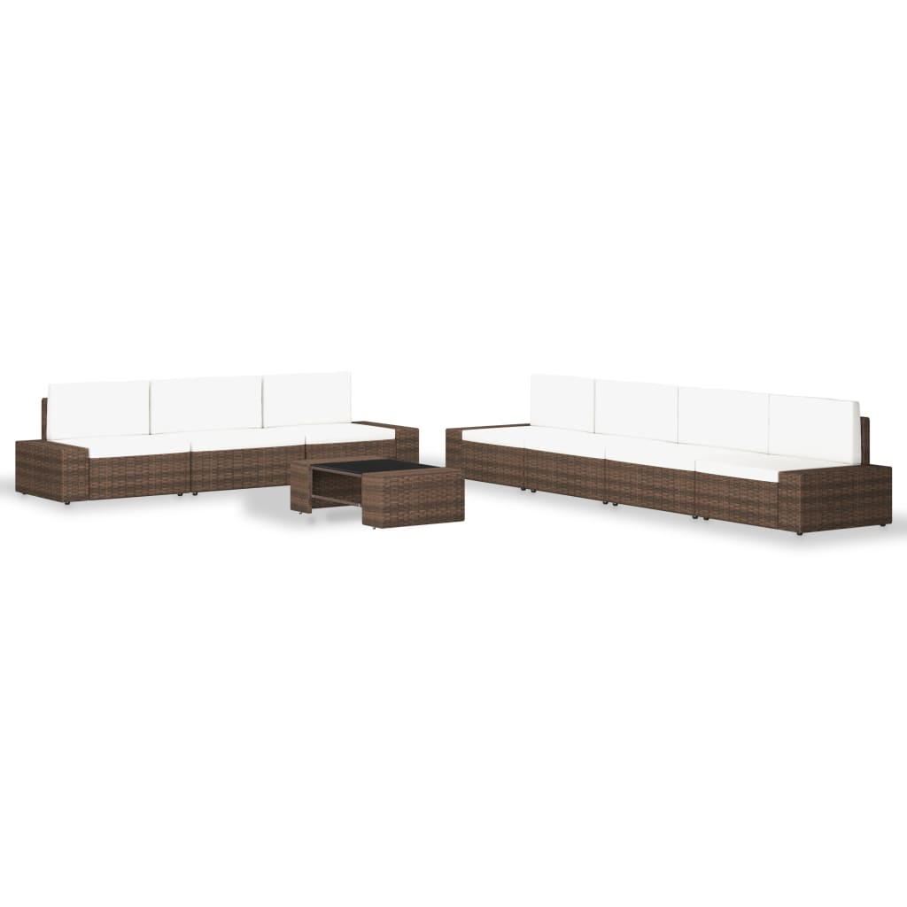 Set mobilier de gradina cu 8 piese din ratan cu perne vidaXL, Poliratan, 90 x 50 x 26 cm, Maro/Crem