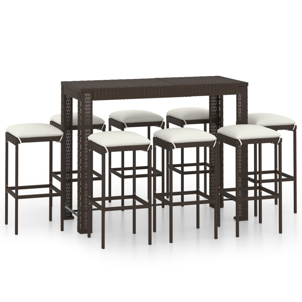 Set mobilier de bar de gradina 9 piese masa cu scaune, vidaXL, Ratan-Otel, Maro-perne alb