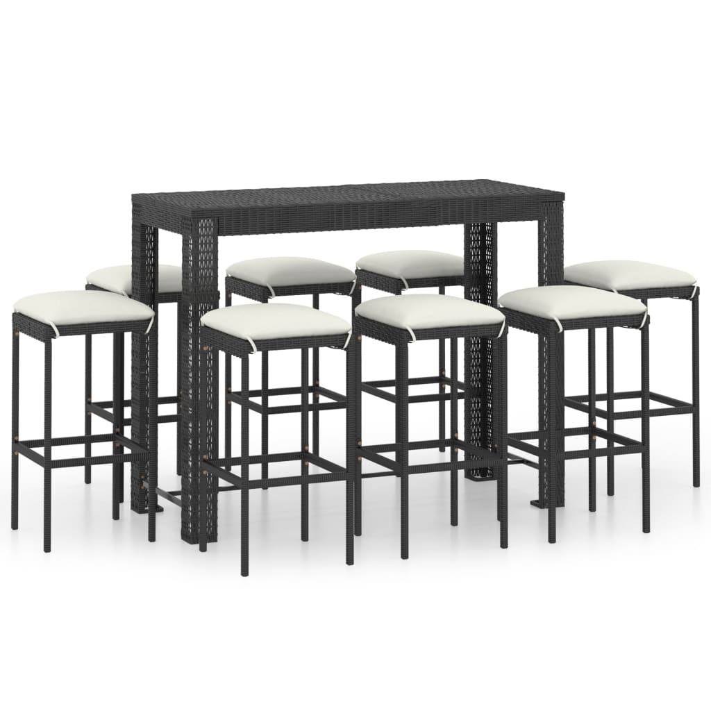 Set mobilier bar de gradina cu 8 scaune inalte cu perne si 1 masa vidaXL, Poliratan, 140.5 x 60.5 x 110.5 cm, Negru/Crem