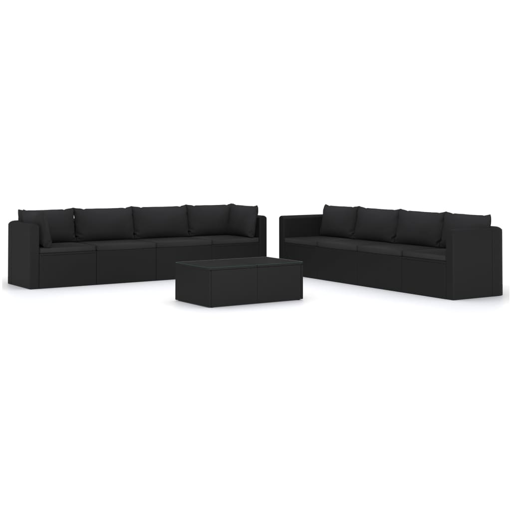 Set mobilier de exterior 9 piese, canapele si masuta, vidaXL, Ratan-Sticla, Negru - perne negru