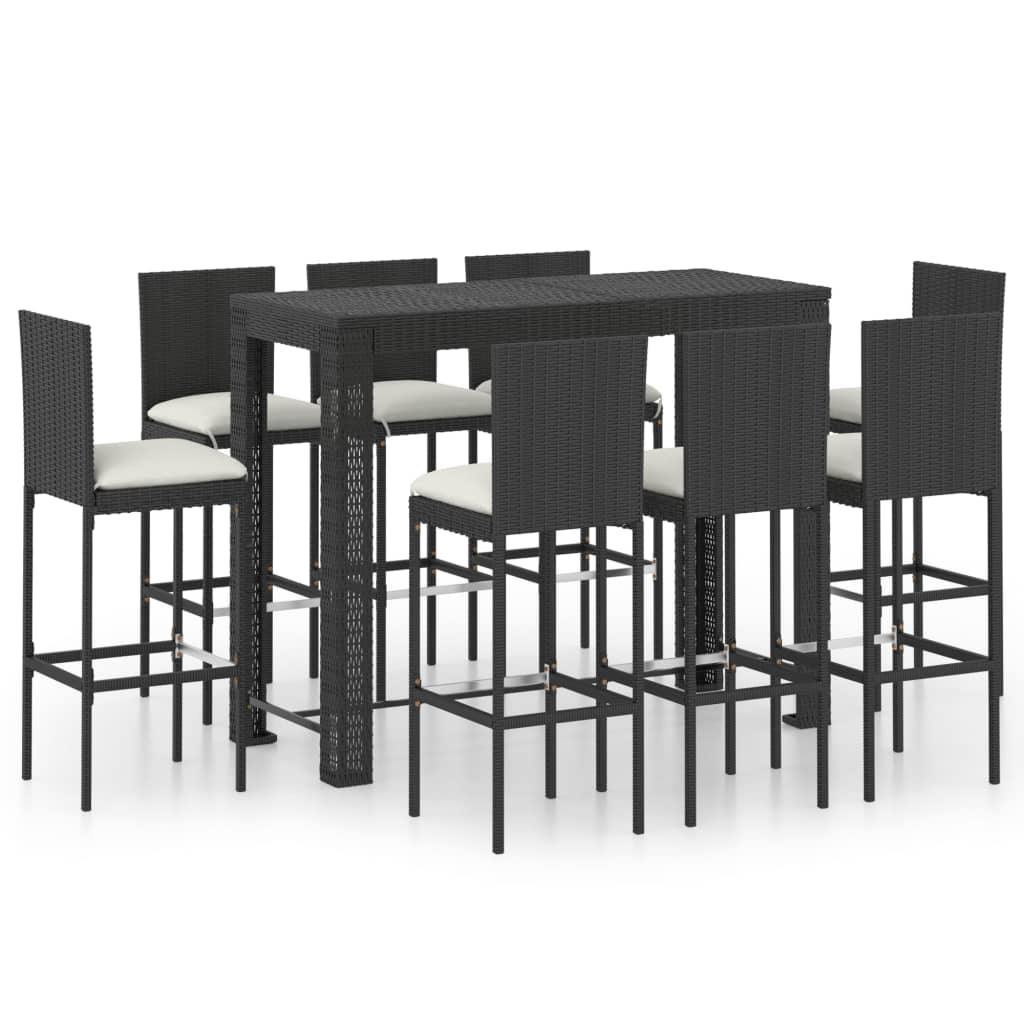 Set mobilier de bar de gradina 9 piese masa cu scaune fotoliu, vidaXL, Ratan-Otel, 140,5 x 60,5 x 110,5 cm, Negru-perne alb
