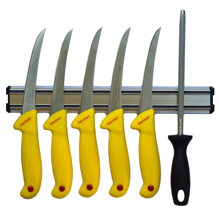Set Profesional pentru macelarie, 5 Cutite dezosat, maner Galben, Masat rotund si Suport magnetic, otel inoxidabil