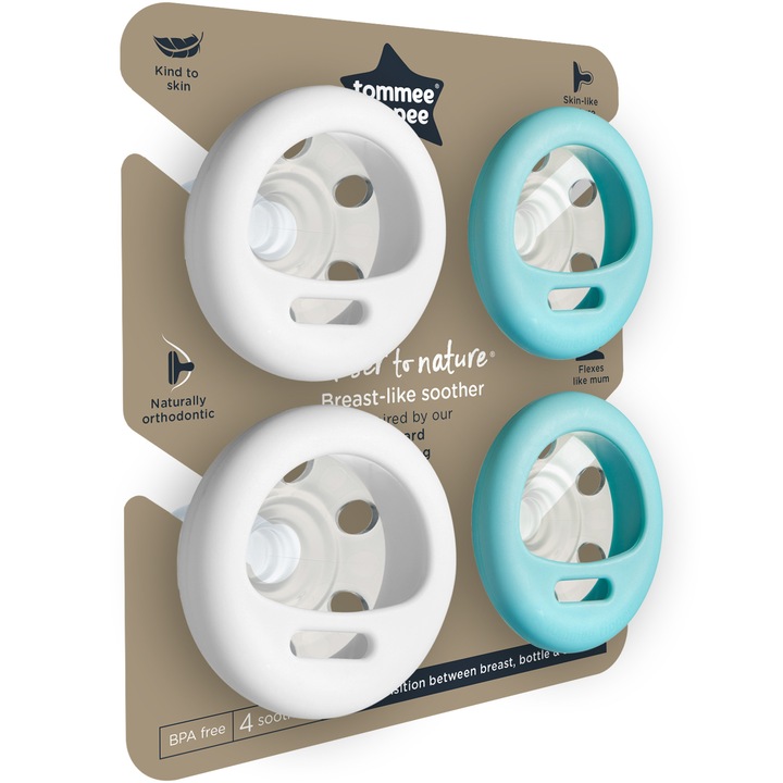 Залъгалка Tommee Tippee Closer to Nature, 0-6 месеца, 4 броя, Бял/Зелен