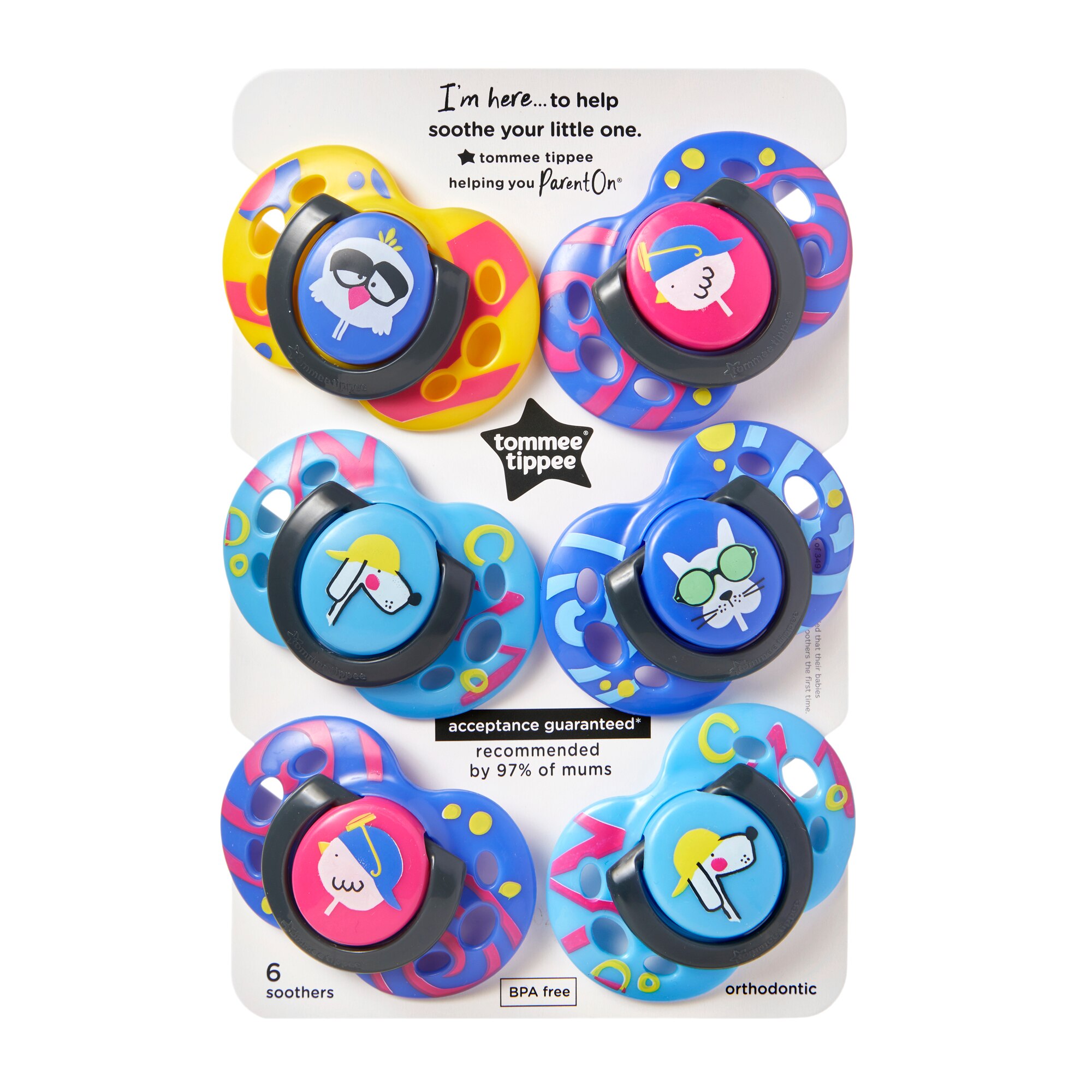 Suzeta ortodontica de zi Tommee Tippee Fun, 6-18 luni, 6 buc, Multicolor