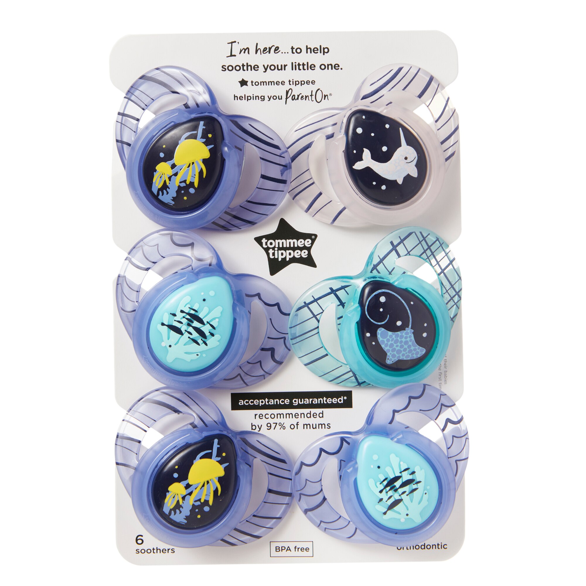 Suzeta ortodontica de noapte Tommee Tippee, 6-18 luni, 6 buc, Multicolor
