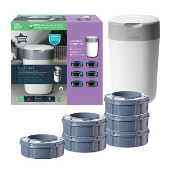 Pachet Cos pentru scutece + 6 Rezerve Tommee Tippee Sangenic Twist and Click Reciclabil, Alb/Gri Pachet Cos pentru scutece + 6 Rezerve Tommee Tippee Sangenic Twist and Click Reciclabil, Alb/Gri
