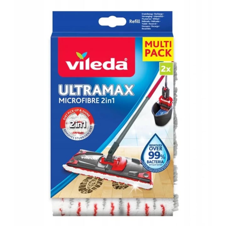 Set 2 buc rezerve mop, Vileda Ultramat Ultramax Turbo, 35 x 14 cm, alb-rosu