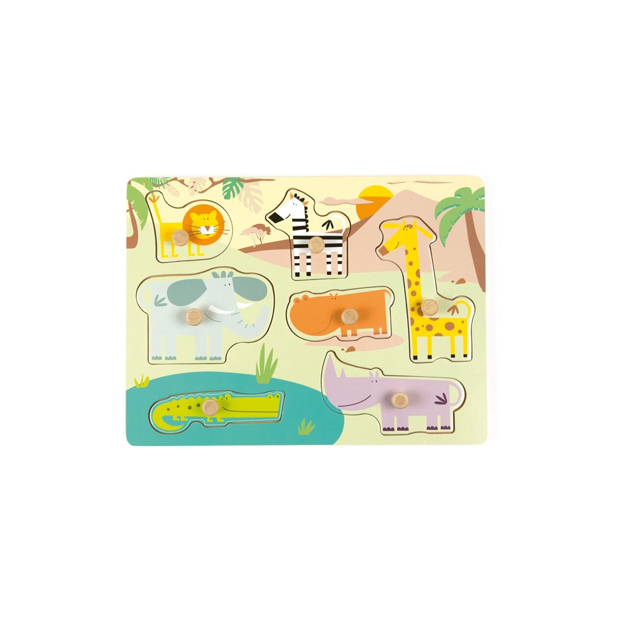 Puzzle din lemn incastru Safari, 7 piese Multicolor