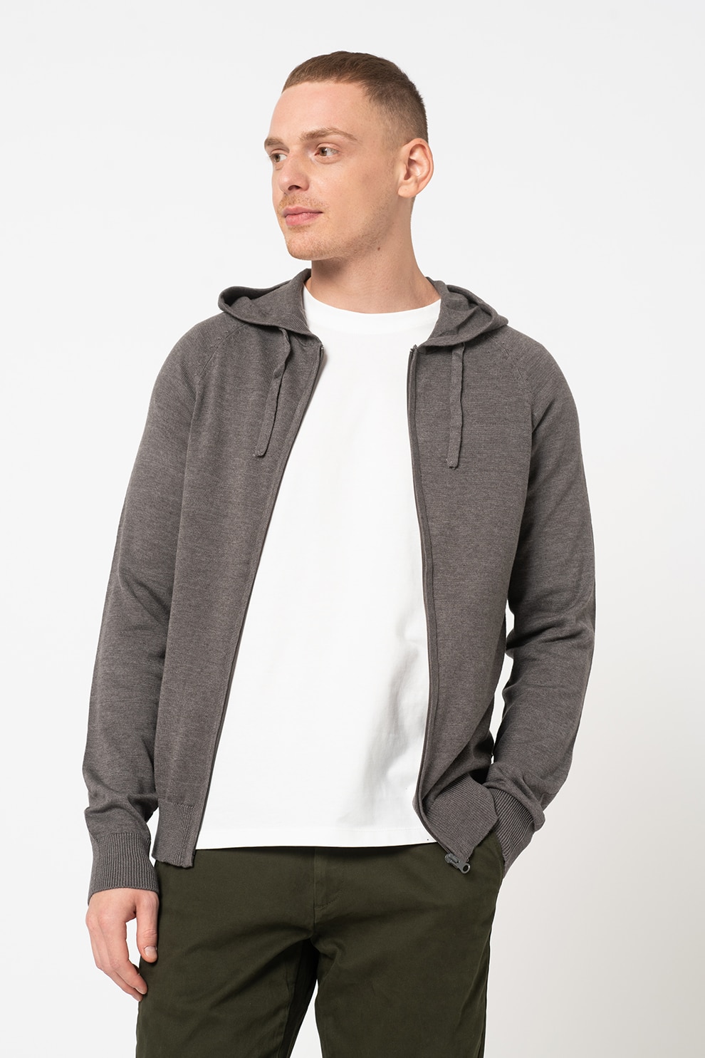 !Solid, Cardigan cu gluga si fermoar Raxton, Gri inchis melange, S