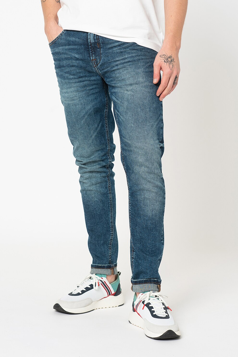 !Solid, Blugi drepti cu aspect decolorat Rob, Bleumarin/Alb optic