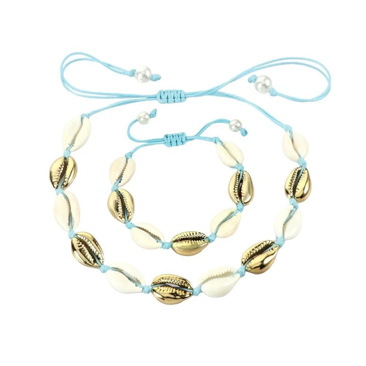 Set colier si bratara cu scoici naturale si snur bleu, ajustabile, Saphira C4, Pursehuit