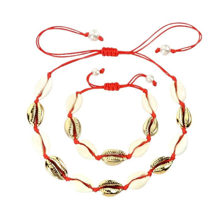 Set colier si bratara cu scoici naturale si snur rosu, ajustabile, Sargit C4, Pursehuit