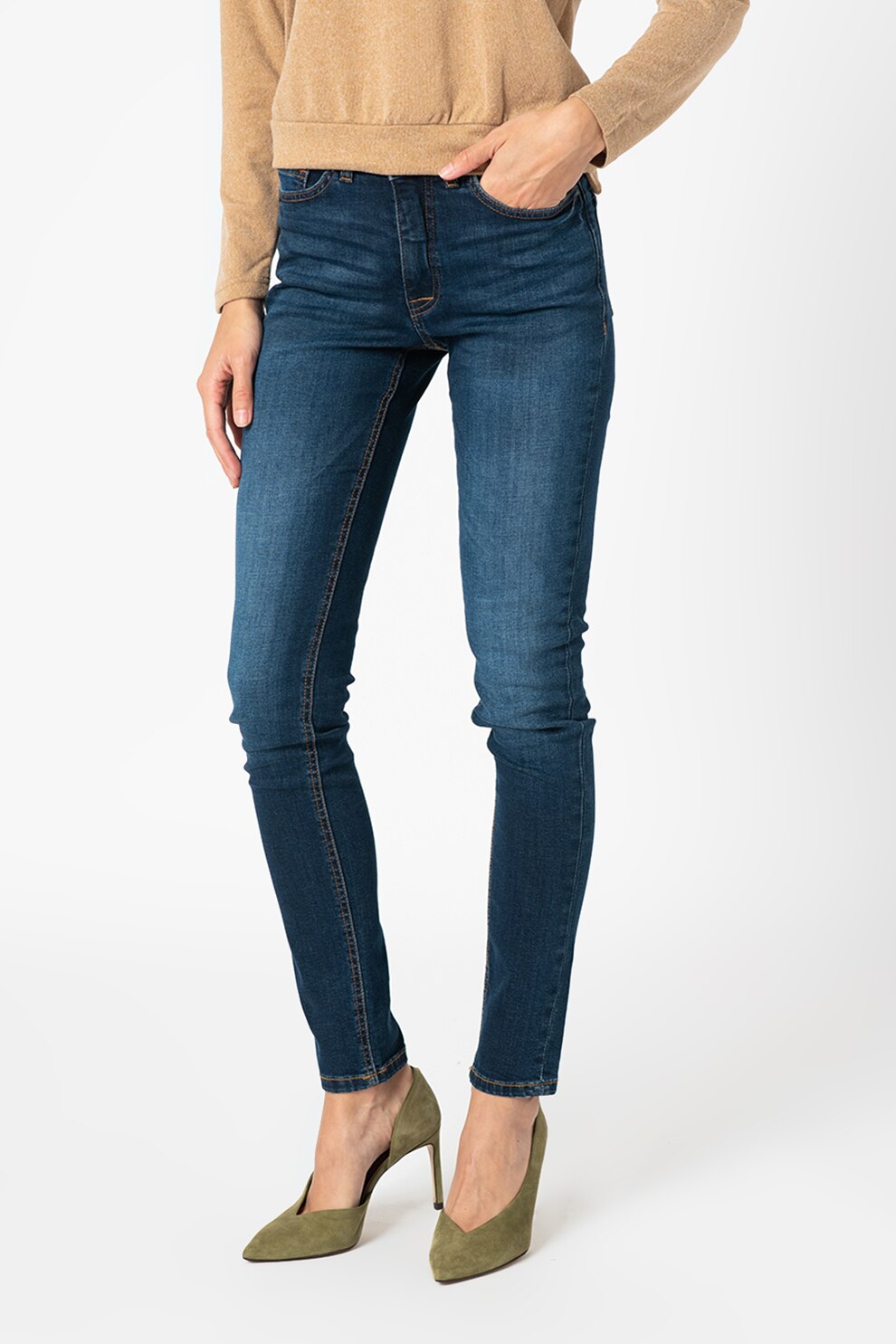 ICHI, Blugi skinny cu talie medie Lulu, Bleumarin