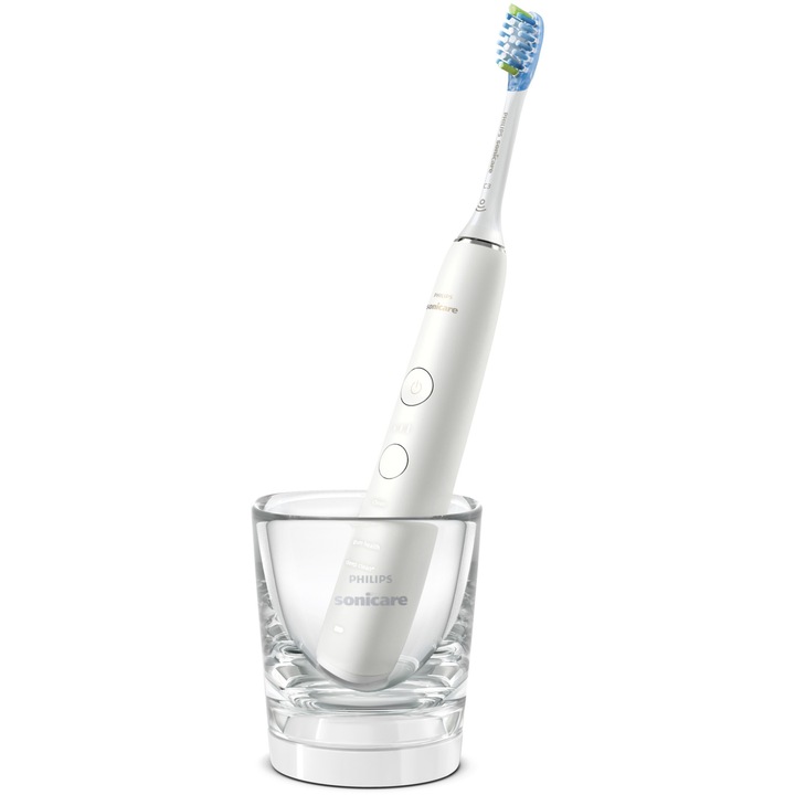 Set 2 periute de dinti electrice sonice Philips Sonicare DiamondClean 9000 HX9914/55, 62000 miscari/min, 4 moduri de curatare, 3 nivele intensitate, senzor presiune, functia BrushSync, 2 baze de incarcare, 2 capete de periere, aplicatie Sonicare, Alb