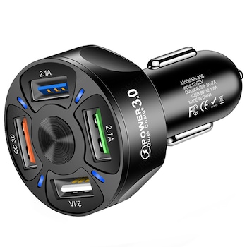 Incarcator auto NUODWELL, Qualcomm 3.0 Fast Charge, 4x USB, 5V 1.8A - 7A, Incarcare rapida, LED Blue, Negru
