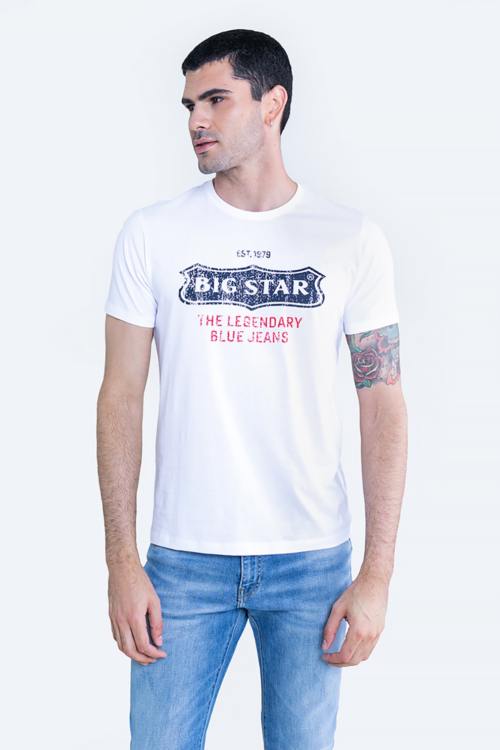 Big Star, Tricou cu decolteu la baza gatului si imprimeu logo Millaner 101, Alb/Bleumarin