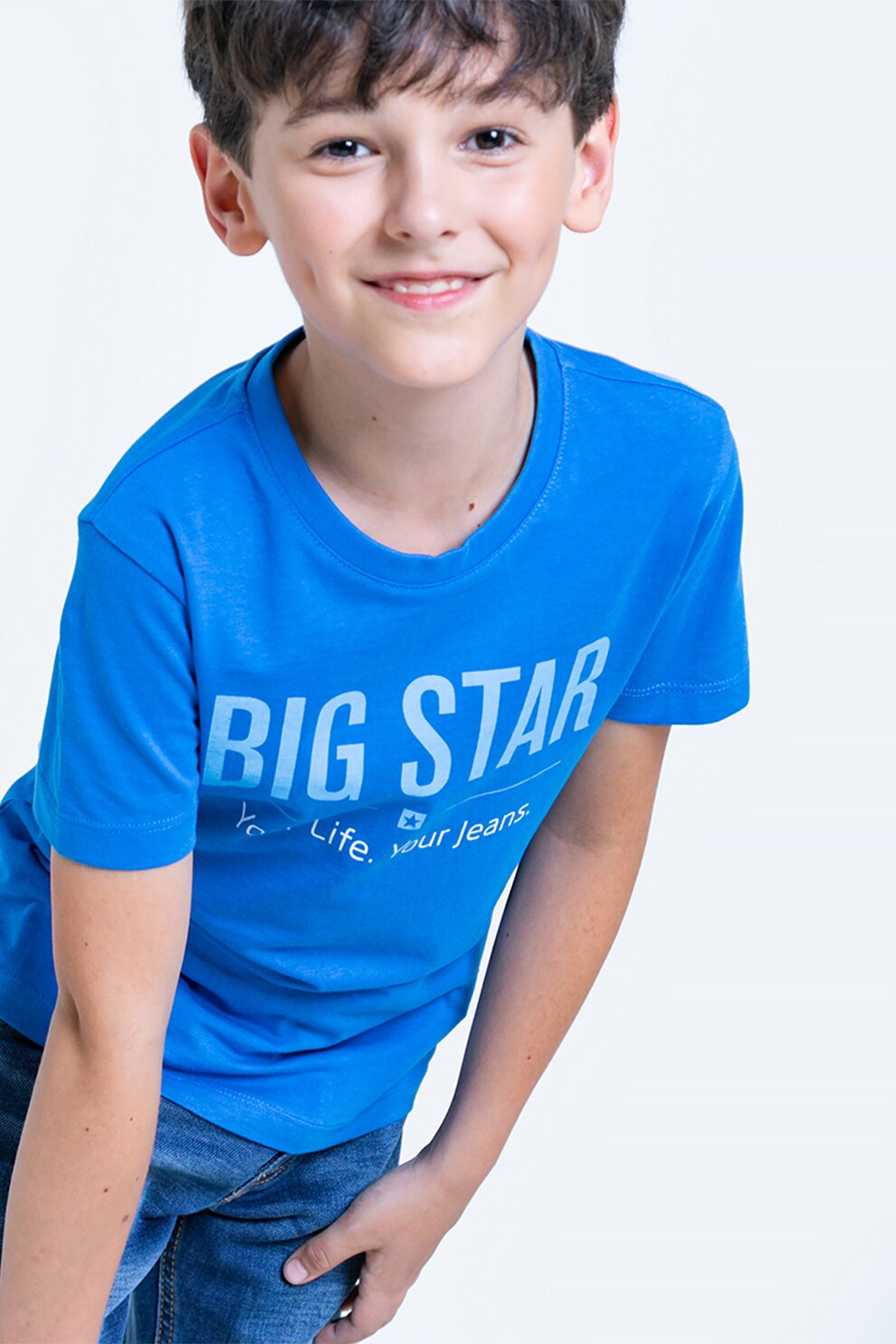 Big Star, Tricou cu decolteu la baza gatului si imprimeu logo, Albastru
