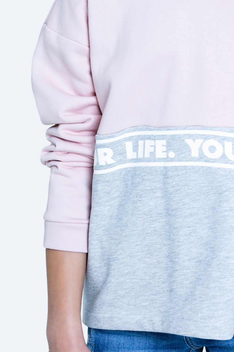 Big Star, Bluza sport cu maneci cazute si imprimeu text, Roz pal/Bleu