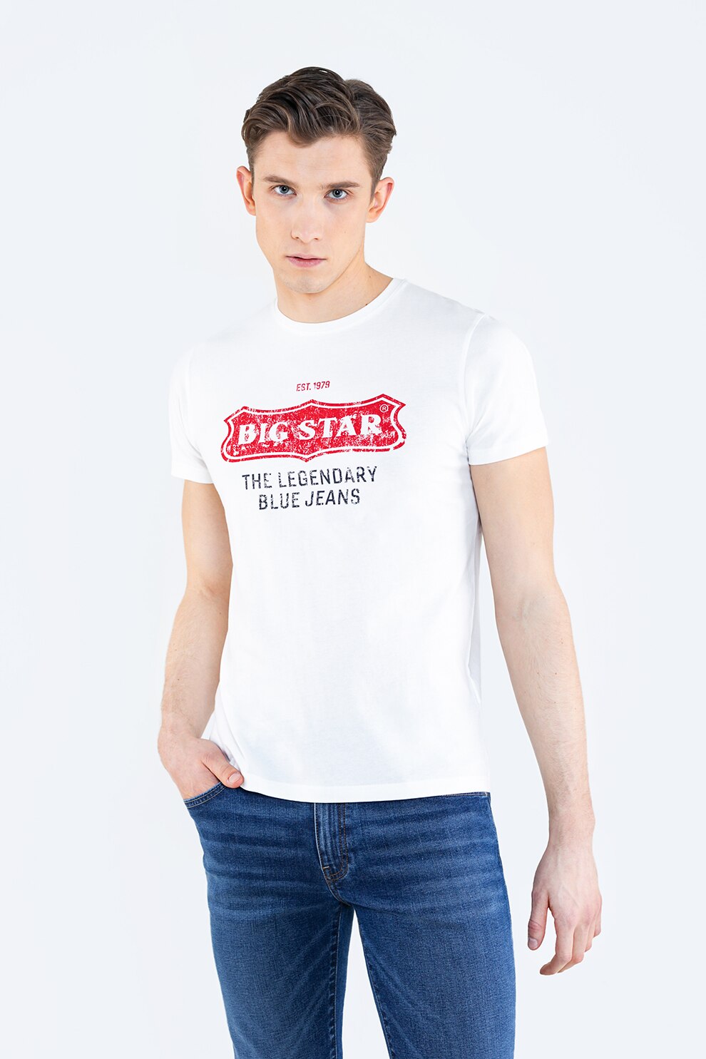 Big Star, Tricou cu decolteu la baza gatului si imprimeu logo supradimensionat, Alb/Rosu