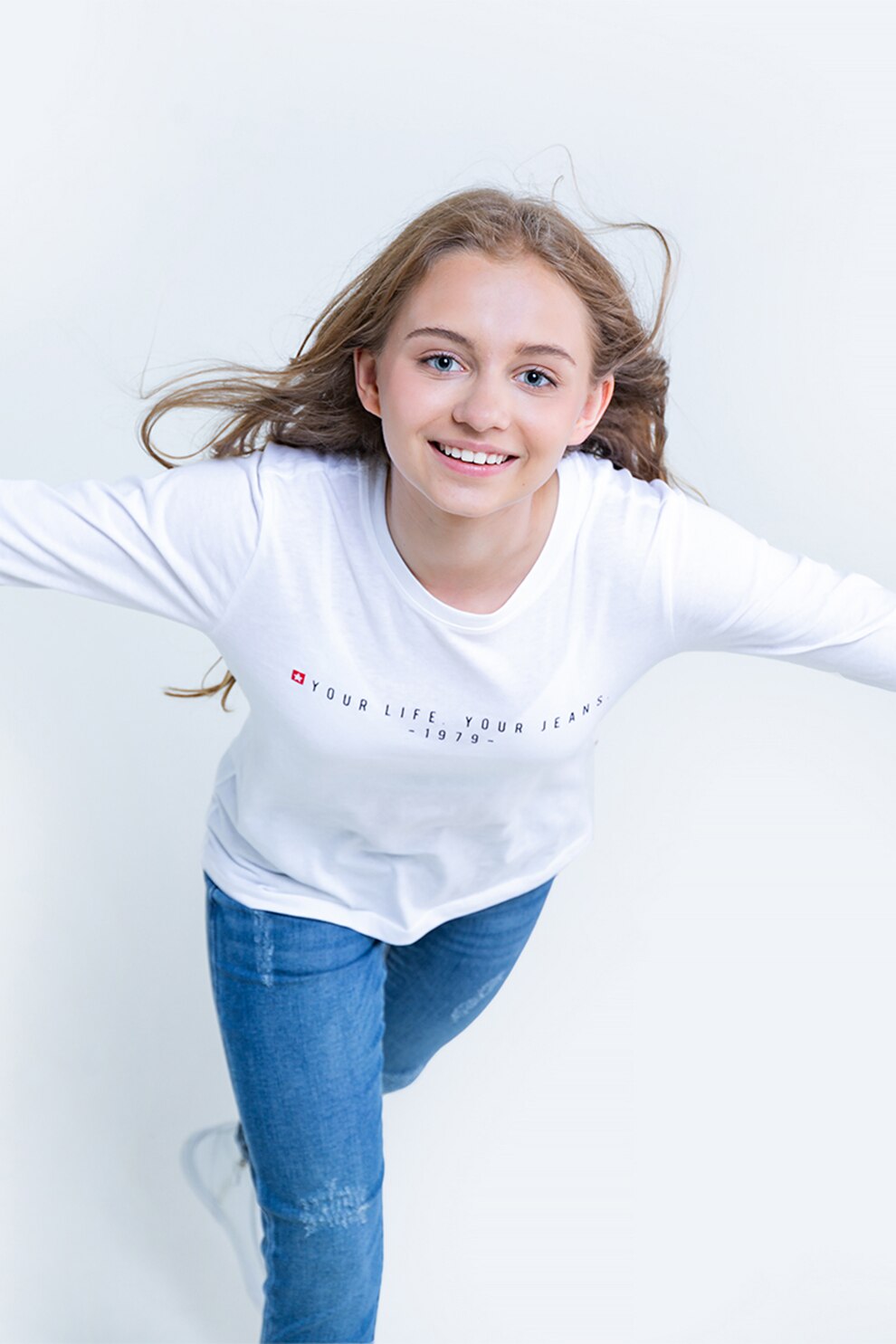 Big Star, Bluza de bumbac cu decolteu la baza gatului si imprimeu text, Alb