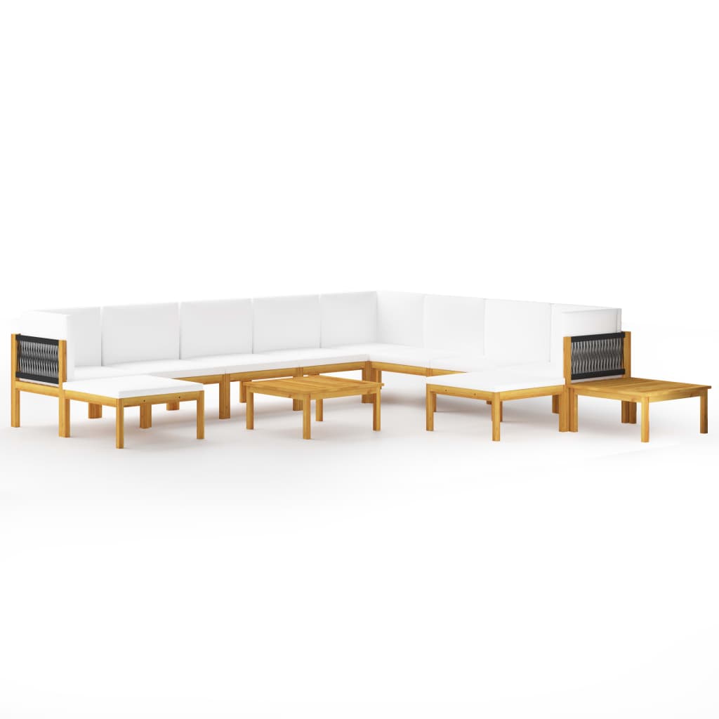 Set mobilier de gradina 12 piese canapea taburet si masa, cu perne, vidaXL, Lemn masiv de acacia-Poliester, Maro-Perne crem