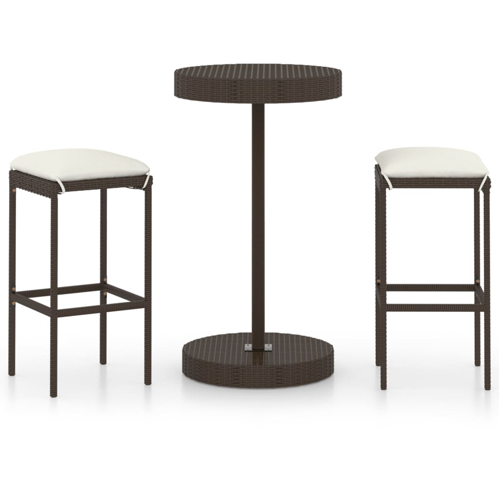 Set mobilier bar de gradina cu 2 scaune inalte cu perne si masa rotunda vidaXL, Poliratan, 60.5 x 106 cm, Maro/Crem
