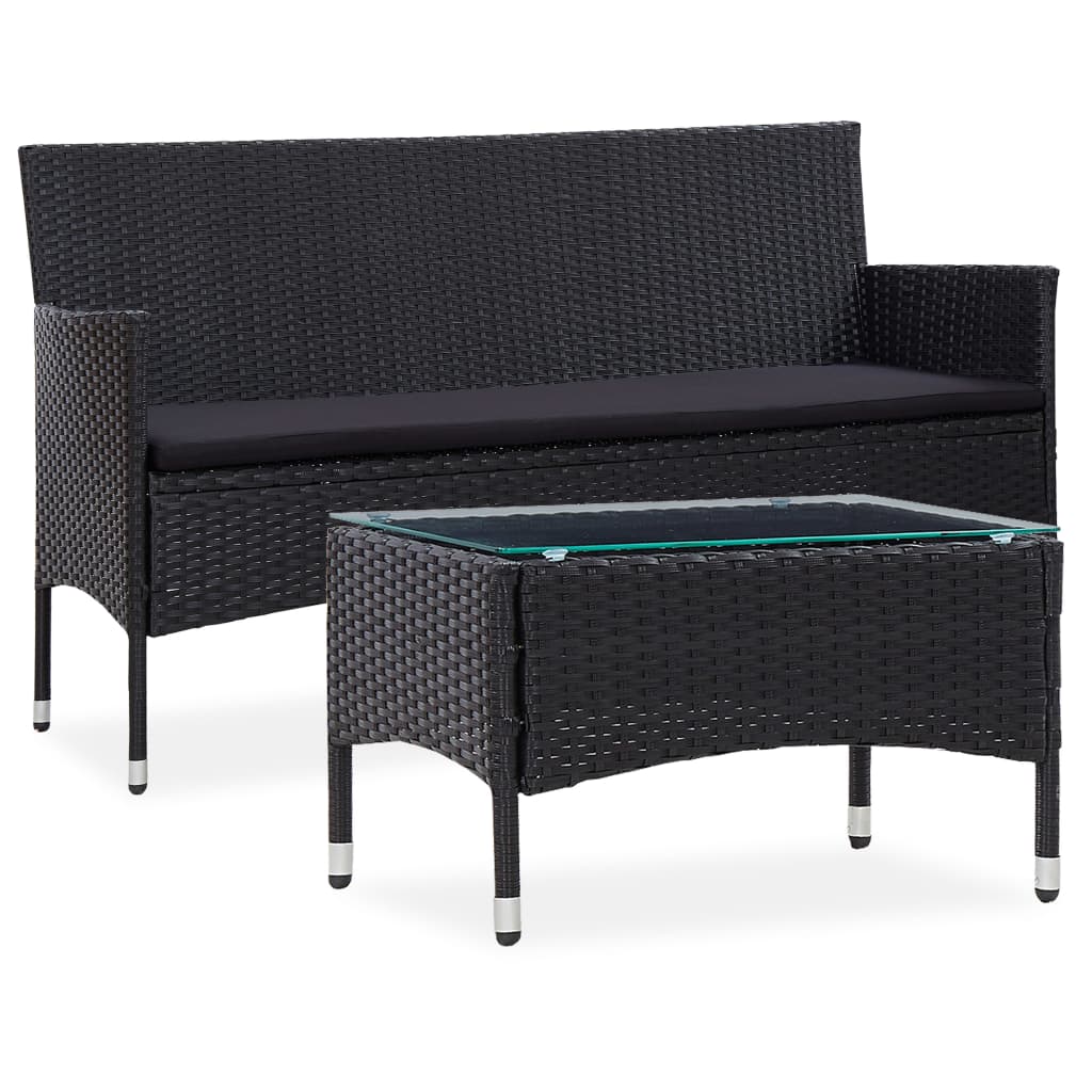 Set mobilier de gradina cu perna 2 piese canapea cu masa, vidaXL, Ratan-Sticla, Negru cu perna negru