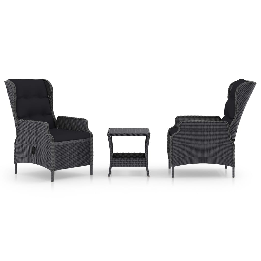 Set mobilier de gradina cu 2 scaune rabatabile cu perne si 1 masa vidaXL, Poliratan, 45 x 45 x 46.5 cm, Gri inchis/Negru