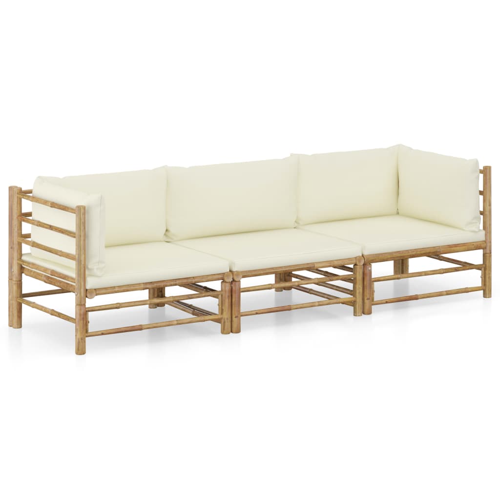 Set mobilier de gradina cu perne crem, 3 piese, bambus