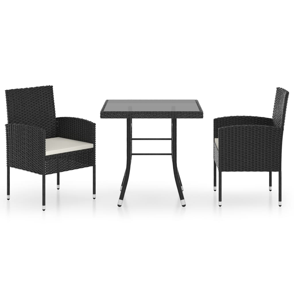 Set mobilier de terasa 3 piese masa cu 2 scaune-fotoliu, vidaXL, Ratan, 80 x 80 x 74 cm, Negru-perne crem
