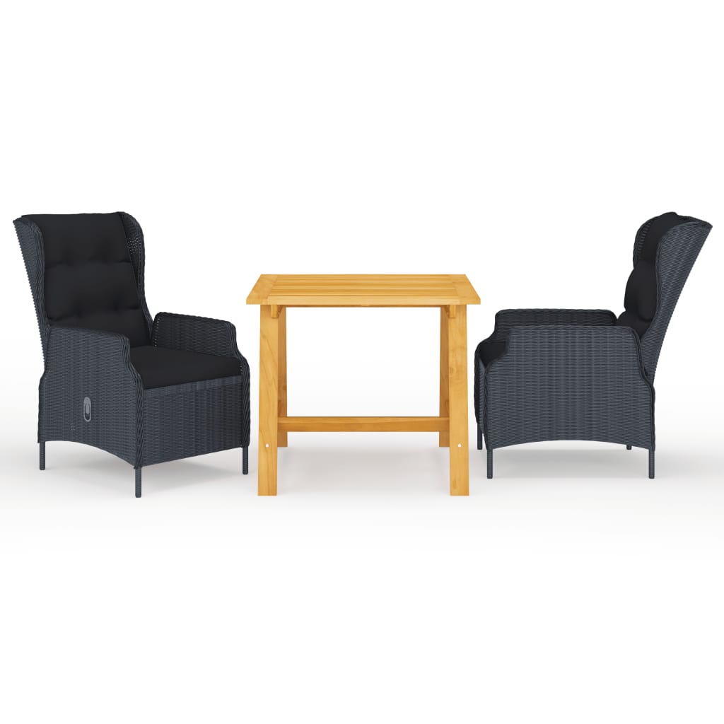 Set mobilier de gradina 3 piese masa cu fotolii, vidaXL, Ratan si lemn masiv de acacia finisaj ulei, Negru-maro