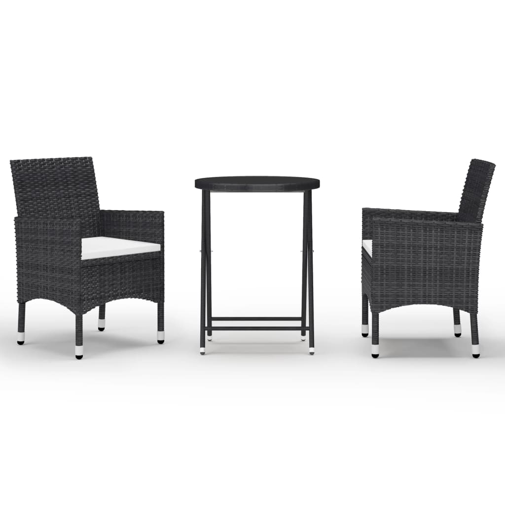 Set mobilier de bistro din 3 piese cu perne si masa rotunda cu blat de sticla vidaXL, Poliratan, 60 x 75 cm, Negru