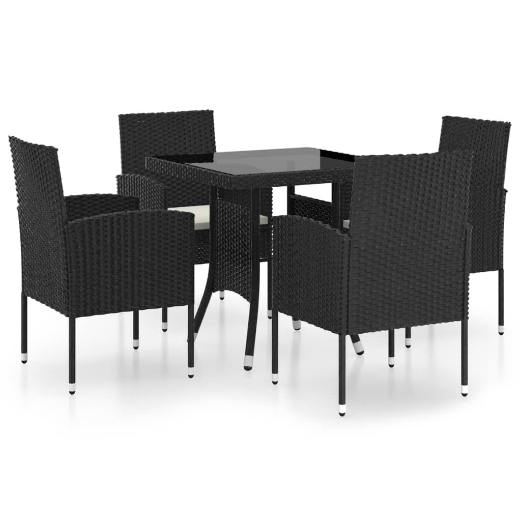 Set mobilier de terasa 5 piese masa cu 4 scaune-fotoliu, vidaXL, Ratan, 80 x 80 x 74 cm, Negru-perne crem