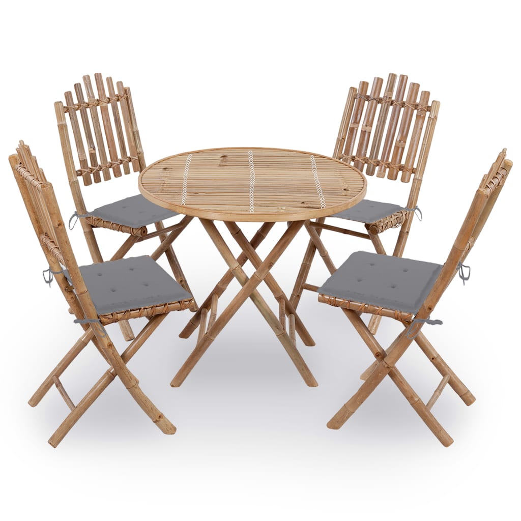 Set mobilier de exterior din 5 piese pliabile cu perne vidaXL, Bambus, 80 x 70 cm, perna 4 cm, Maro/Gri deschis