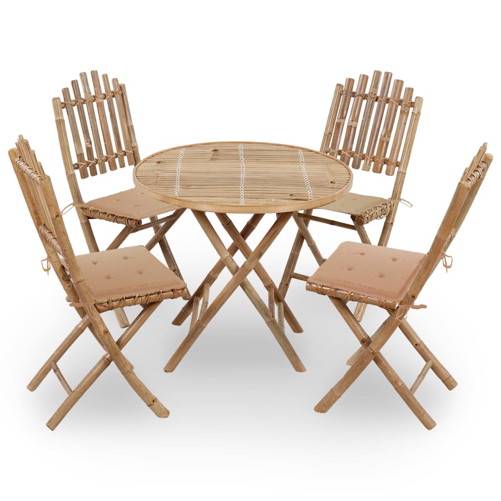 Set mobilier de exterior din 5 piese pliabile cu perne vidaXL, Bambus, 80 x 70 cm, perna 4 cm, Maro/Bej