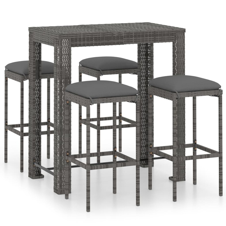 vidaXL 5 részes szürke polyrattan kerti bárszett párnákkal 34.6 kg