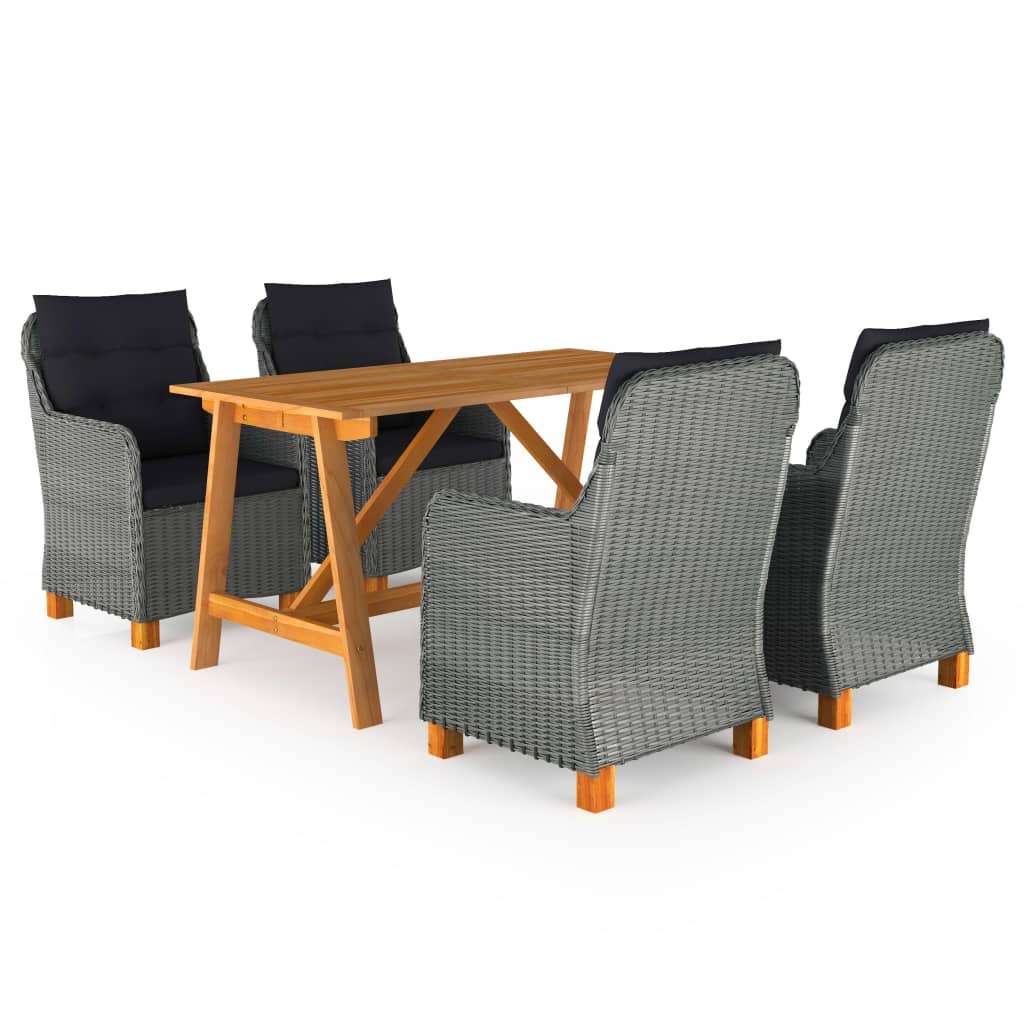 Set mobilier de gradina cu 5 piese -masa si fotolii cu salteluta, vidaXL, Ratan-Lemn acacia, 140 x 70 x 73,5 cm, Gri deschis-Maro