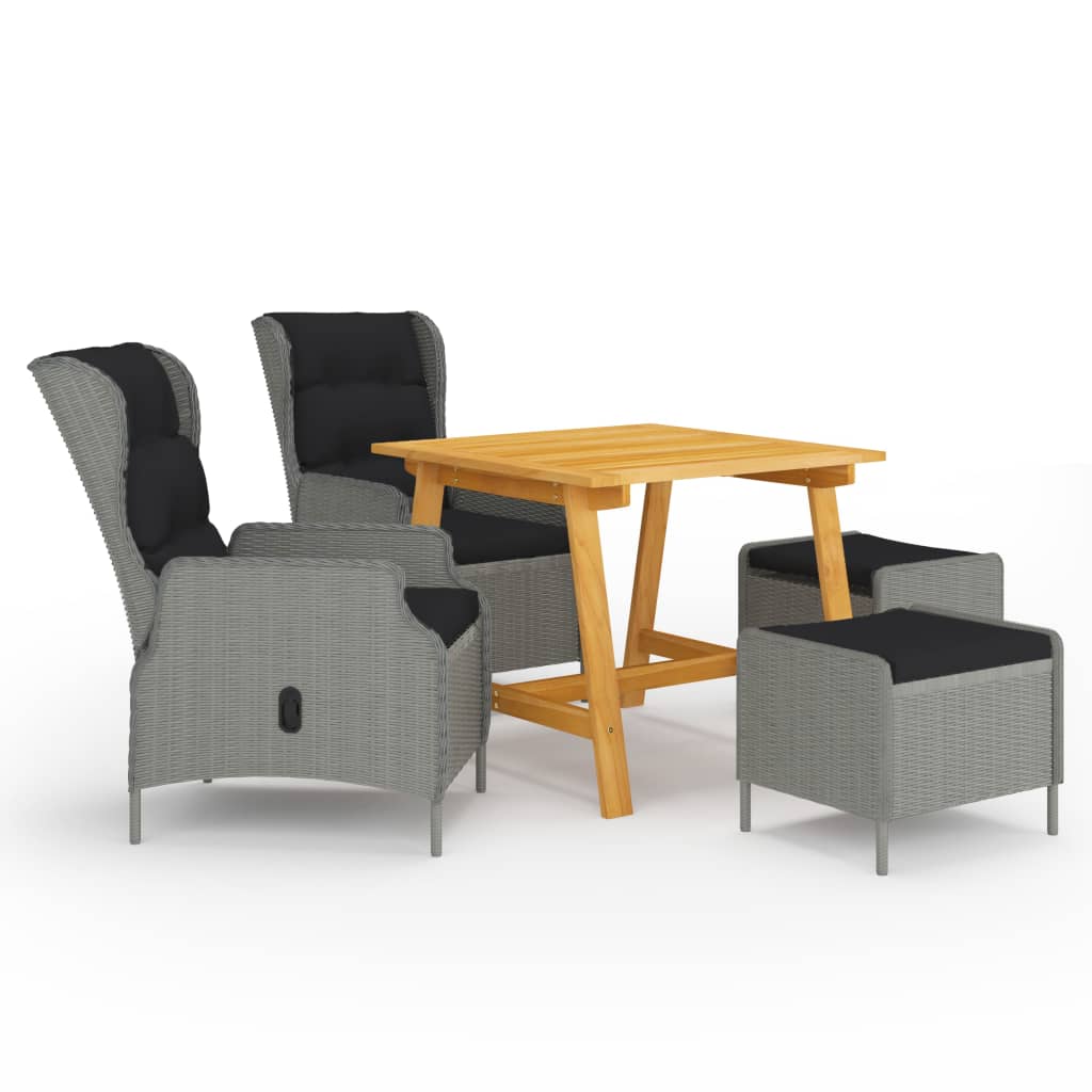 Set mobilier de gradina 5 piese masa cu fotolii si tabureti, vidaXL, Ratan si lemn masiv de acacia finisaj ulei, Gri deschis-maro