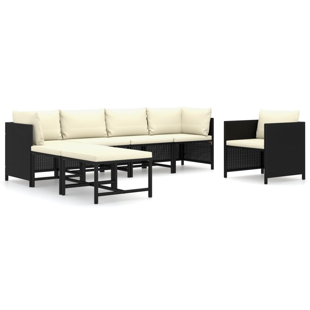 Set mobilier de gradina cu 7 piese cu perne incluse, vidaXL, Poliratan, 60 x 60 x 60 cm, Negru